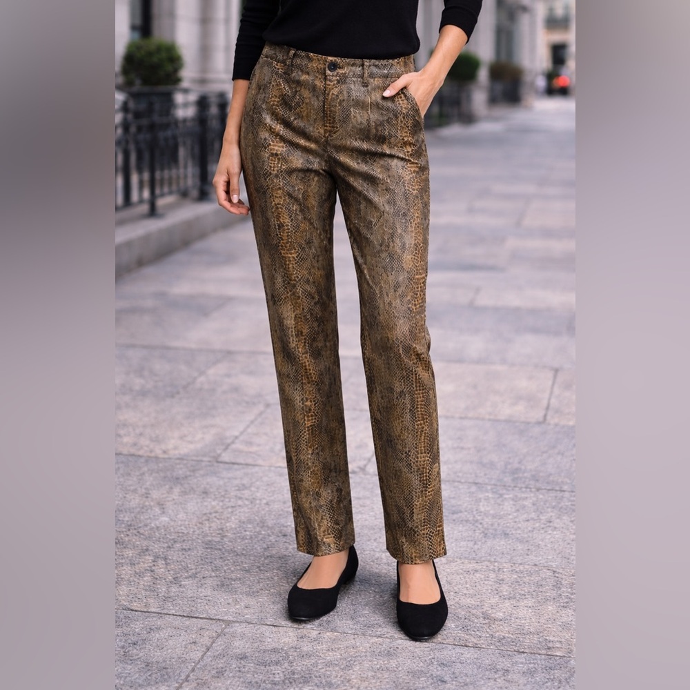 Elegant Snake Print Women's Straight Leg Pants, Made in USA